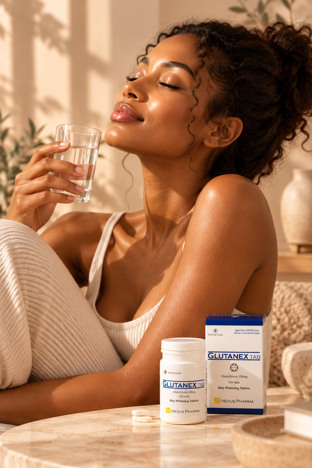 Femme noire dans un univers beauté avec des compléments alimentaires DivaSkin Cosmétique