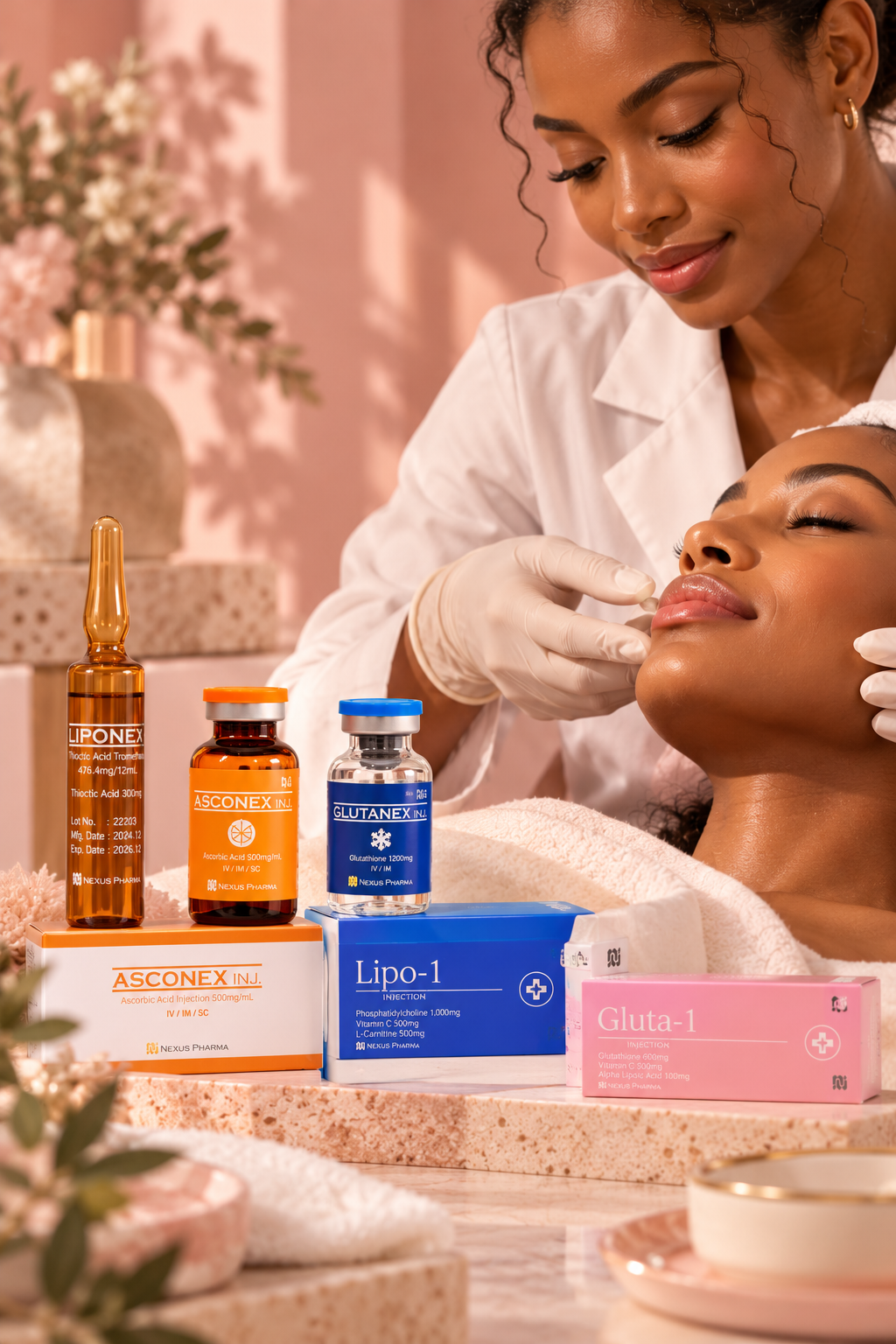 Présentation de produits esthétiques professionnels DivaSkin Cosmétique dans un univers beauté rose
