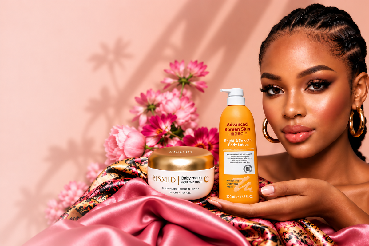 Femme noire à la peau lumineuse entourée de fleurs roses et de produits de beauté sur fond satiné 